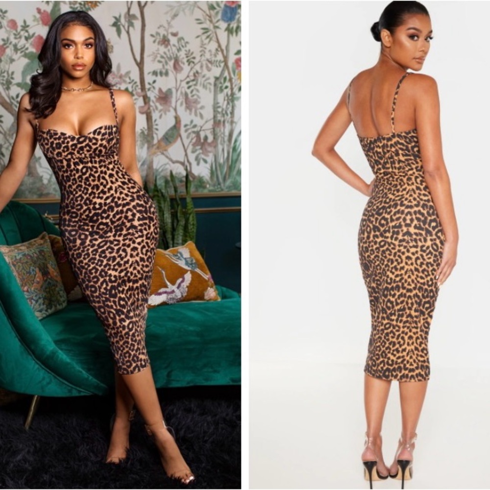 Leopard Print Strappy Cup Detail Midi Dress - Size 8